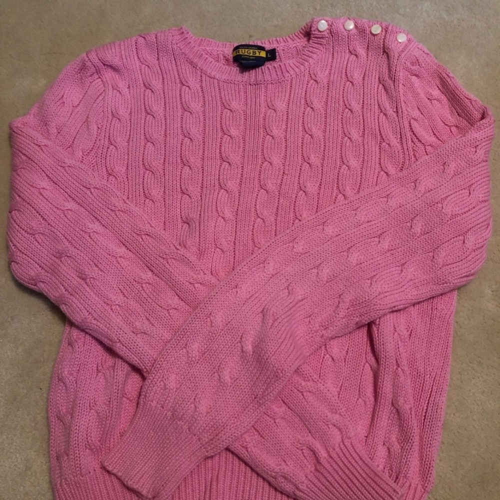 Rugby Ralph Lauren Pink Cable Knit Sweater with Buttons on Shoulder